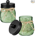 SheeChung Green Glass Qtip Holder Dispenser, Mason Jar Apothecary Jars with Lids, Bathroom Organizers and Storage, Vanity Countertop Canisters Set for Cotton Swab, Ball, Pad, Floss Pick-Black, 2 Pack