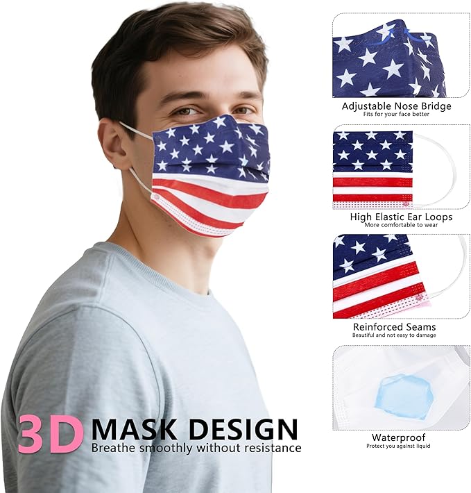 akgk 100PCS Disposable Face Masks with USA Flag Print, 3-Ply Breathable Face Mask For Adults