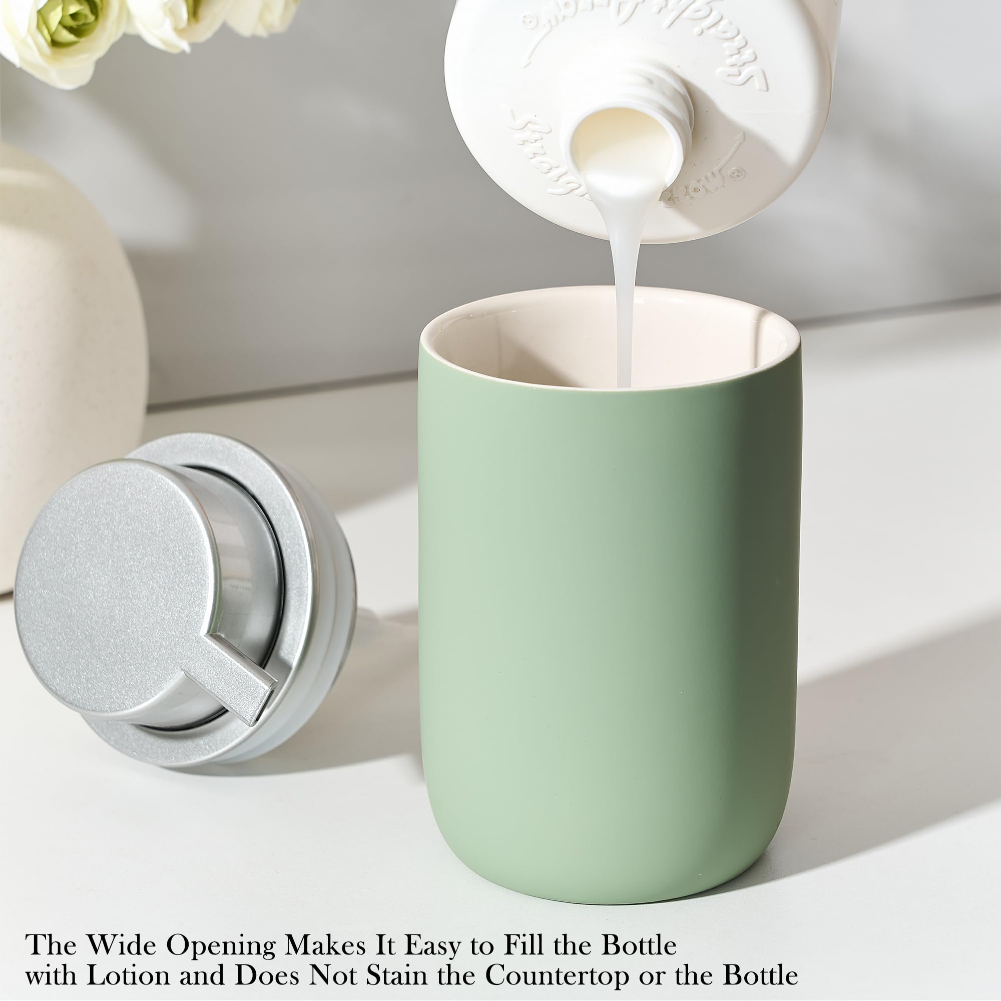GIRLUFO Foaming Soap Dispenser,12oz Foam Dispenser Ceramic,Foaming Hand Soap Dispenser Bathroom,Green Modern Refillable Soap Bottle for Hand Wash(Rubber Paint)