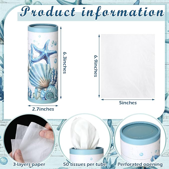 Fourluoo 12 Pack Summer Ocean Car Tissue Cylinder Holder Bulk with 3 Ply Facial Tissues Starfish Round Napkin Holders for Cup Holder Cylinder Colorful Travel Paper Tubes Bulk Napkin Boxes Packs