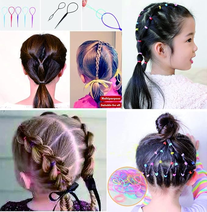 2000 PCS Black Hair Accessories Set: Mini Elastic Ponytail Bands, Non-Slip Small Ties for Girls, Soft Rubbers with 2 Topsy Tail Tools