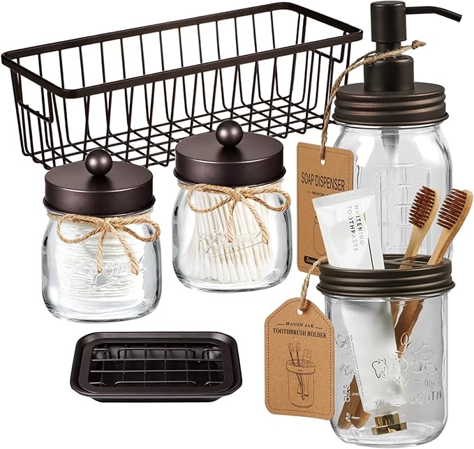SheeChung Mason Jar Bathroom Accessories Set,6Pcs Rustic Bathroom Set