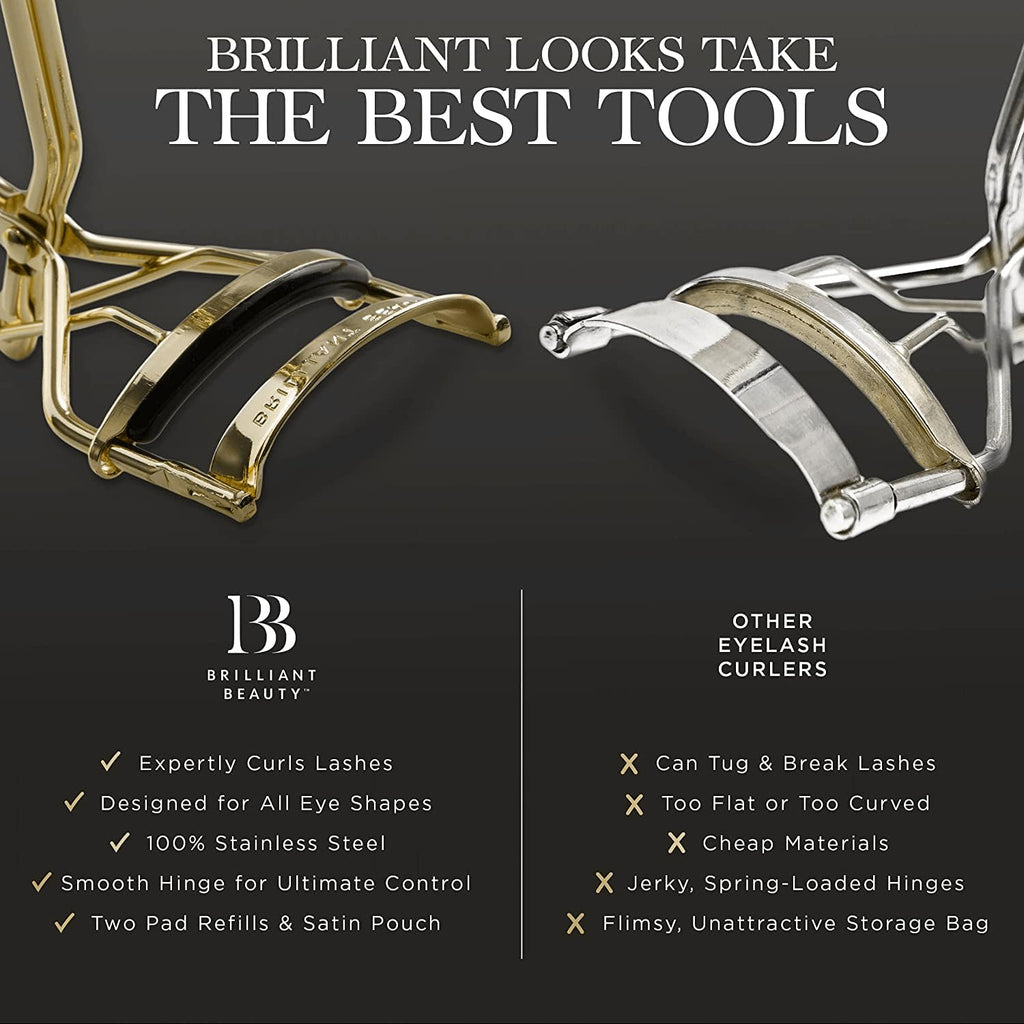 Brilliant Beauty Eyelash Curler - Satin Bag & Refill Pads, Gold
