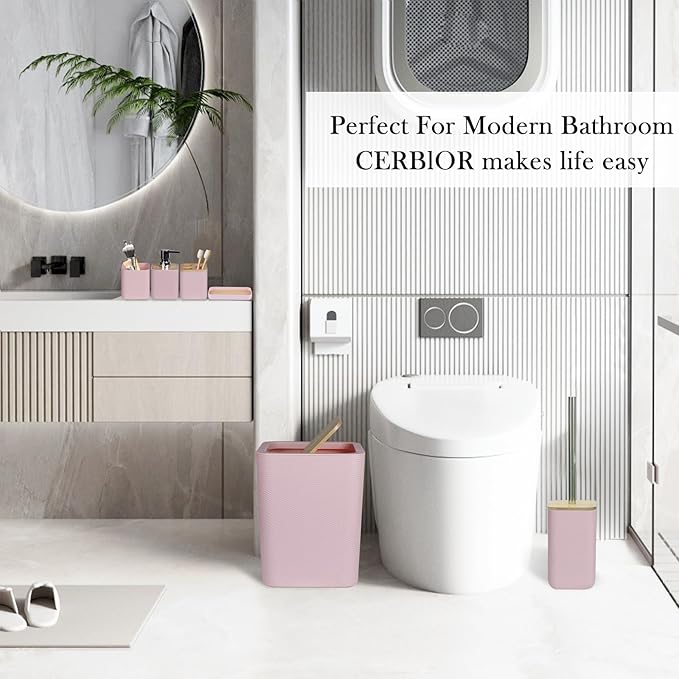 CERBIOR Bamboo Bathroom Accessories Set 6 Piece Bath Ensemble（Pink）