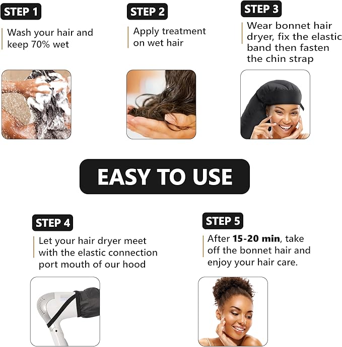 Large Bonnet Hair Dryer Attachment for Locs, Dreadlocks & Natural Curly Hair – XL Soft Satin Hooded Bonnet w/Integrated Headband, Reduces Heat on Ears & Neck, Fast Drying & Deep Conditioning