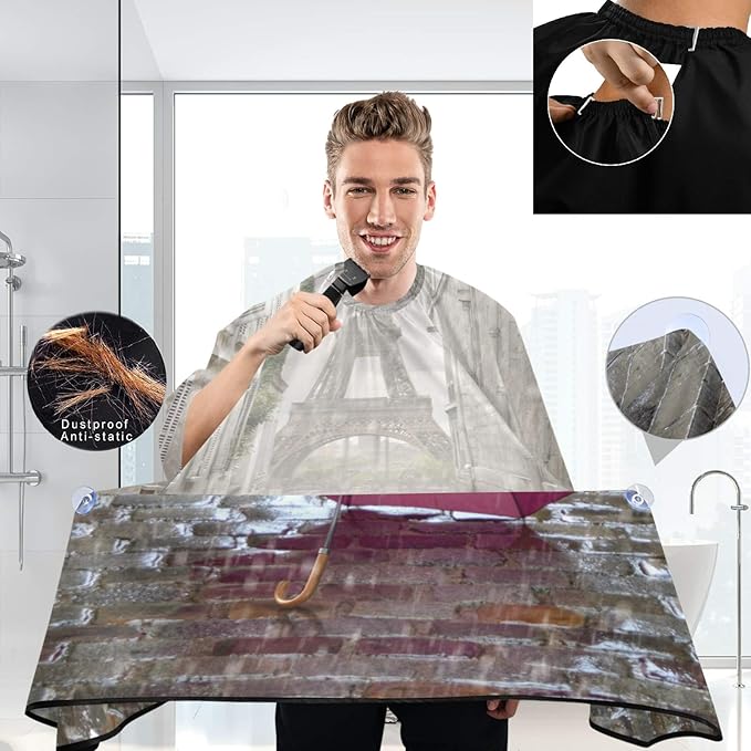 Visesunny Romantic Eiffel Tower Pink Umbrella Barber Anti-Static Hair Cutting Cape Professional Salon Polyester Cape Water-Resistant Hairdressing Adjustable Snap