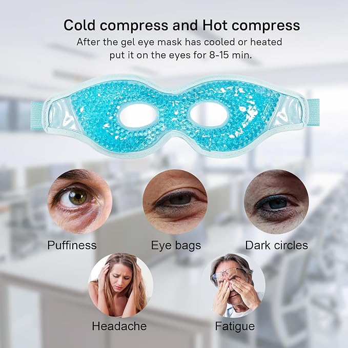 Ruzzut Cooling Gel Eye Mask, 2 PCS Reusable Eye Bead Pad & Cool Compress for Puffy Dry Eye, Cold Eye Ice Mask Gel Pack with Plush Backing for Migraine & Stress Relief, Blue