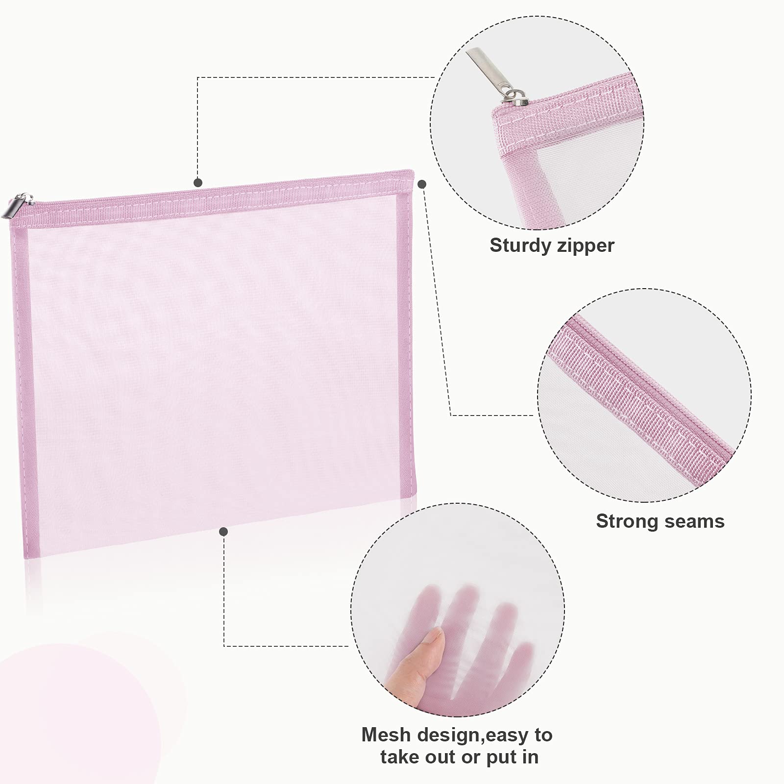Boao 6 Pieces Mesh Makeup Bags Mesh Cosmetic Bag Portable Travel Organizing Zipper Pouch Toiletries Makeup Pouches for Home Office Travel Accessories(Light Pink)