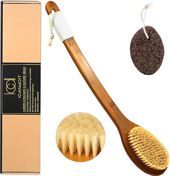 ICANdOIT-17.71Inch Natural Stiff Sisal Bristles Anti-Slip Long Handle Bath Brush,Bent Handle Shower Scrubber for Exfoliating,Shower Back Brush,Exfoliation Set with Pumice Stone(2 Pack)