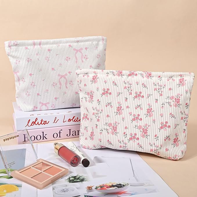 Ksriylm Cute Makeup Pouch for Women Flower Small Make Up Bag for Purse Zipper Initial Cosmetic Bags Pouches for Purse Aesthetic Travel Toiletrybags,Pink Bow Rose Floral