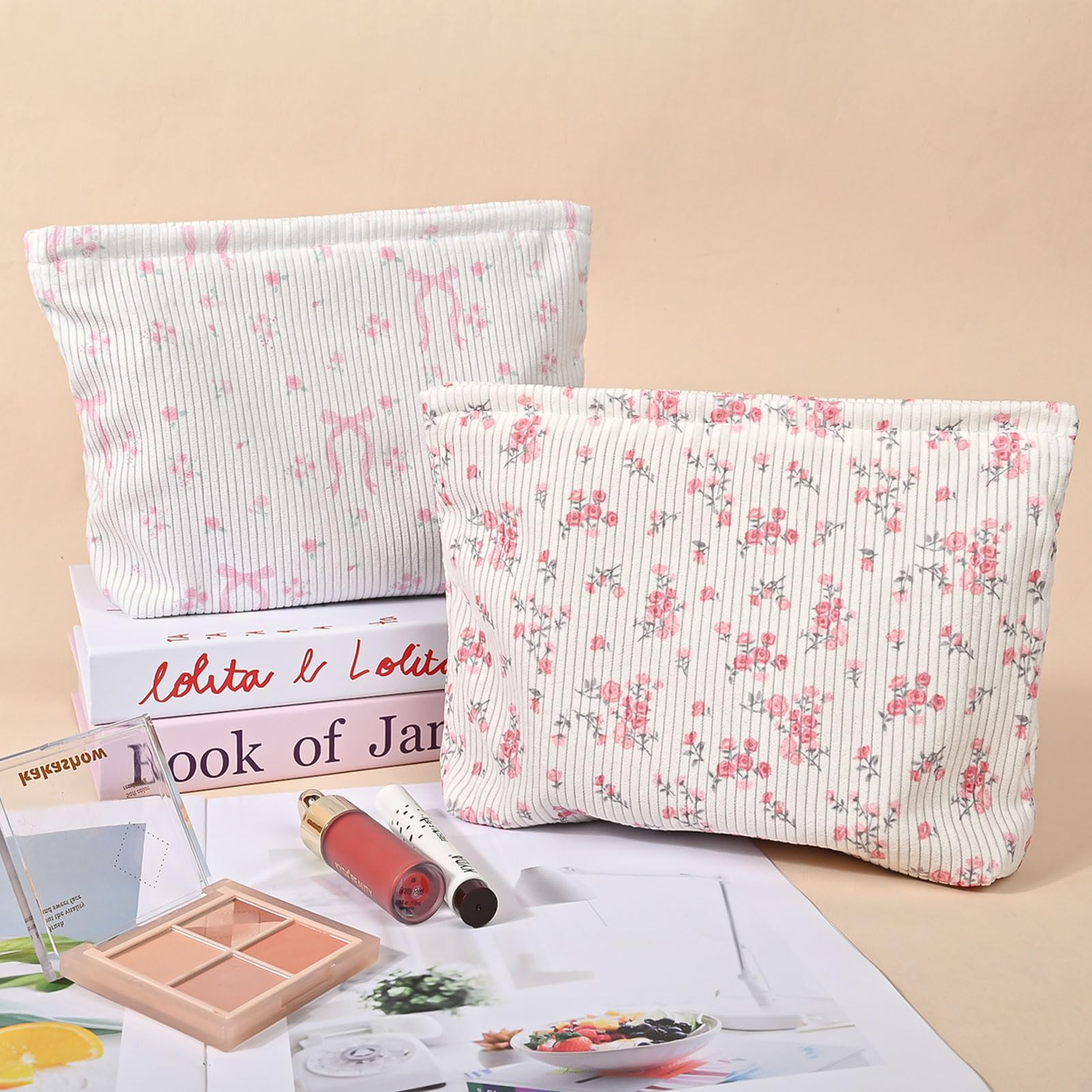 Ksriylm Cute Makeup Pouch for Women Flower Small Make Up Bag for Purse Zipper Initial Cosmetic Bags Pouches for Purse Aesthetic Travel Toiletrybags Gift,Red Floral