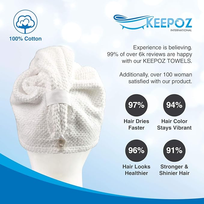KEEPOZ Hair Towel Wrap Quick Dry 100% Cotton Super Absorbent Turban Head Wrap for Women with Button, Non Microfiber Anti Frizz Hair Cap for Curly, Long & Thick Hair (White Check, 2 Pcs)
