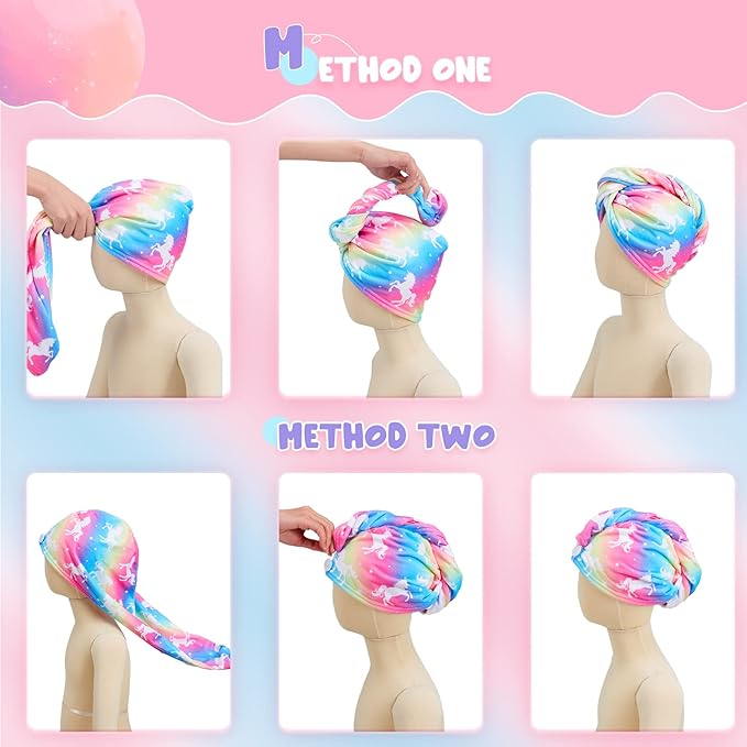 2 Pack Kids Hair Drying Towels Girls Unicorn Wet Hair Towel Quick Dry Twisty Hair Towels (Rainbow Unicorn)