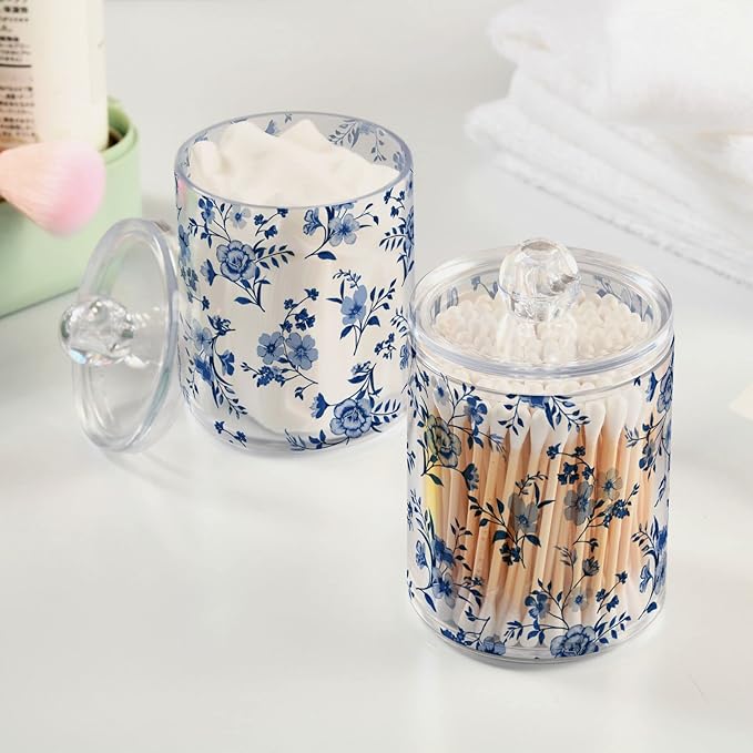 Kigai Cotton Swabs Organizer Blue Wildflowers Qtip Holder Dispenser with Lid Apothecary Jar Set 2PCS Reusable Clear Plastic Cans for Dry Food