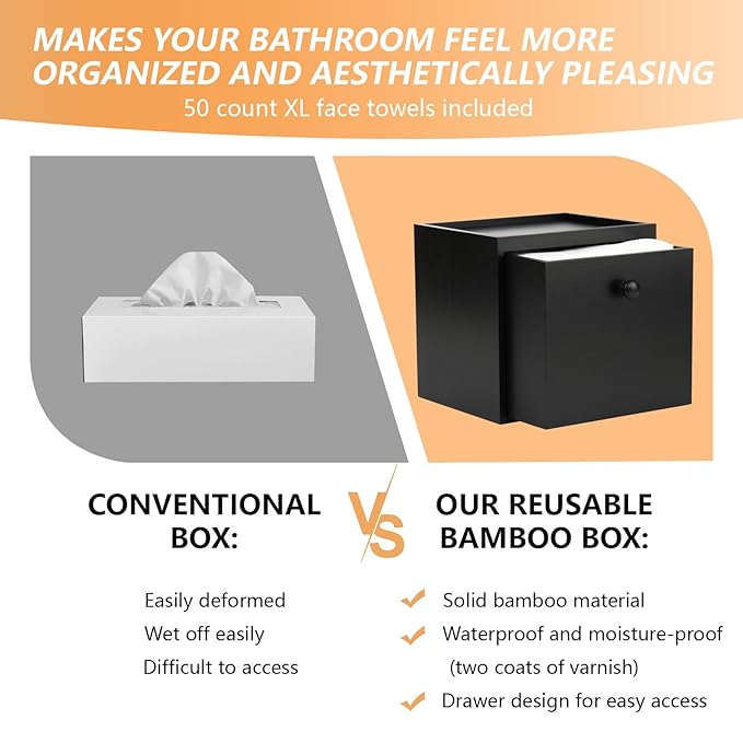 Disposable Face Towel with Bamboo Drawer Storage Box - Face Towelettes Disposable XL, Facial Towels Makeup Organizer for Clean Face Towels, Makeup Remover Washcloths 50 Ct-Black Box