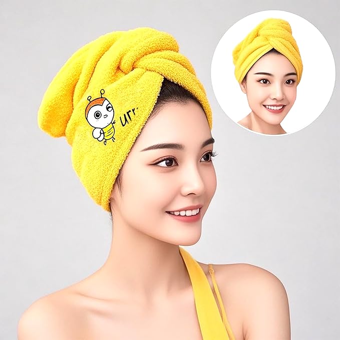 Microfiber Hair Drying Towel Wrap for Women, Hair Turbans Towel for Wet Hair,turbie Twist Hair Towels(The Color of the Picture is for Reference only) (Yellow with bee)