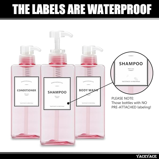 YACEYACE Pink Shampoo and Conditioner Set of 3, 16.9oz Clear Shampoo Bottles with Pump Dispenser, Body Wash Dispenser, Shower Bottles