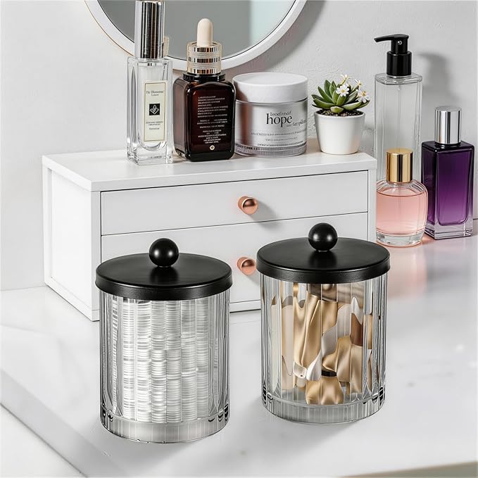 Amolliar Qtip Holder Dispenser for Cotton Swabs, Cotton Balls, Pads, Floss Picks, Clear Glass Canister Apothecary Jar, Bathroom Essential Accessories Decor, Bathroom Storage Organizer (Black, 2 Pack)