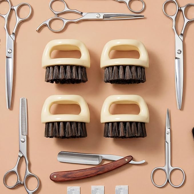 4 Pcs Knuckle Brush for Men Barber Brush, Fade Brushes, Face and Neck Brushes, Mustache and Hair Supplies, Essential Barber Tool for Professional Barbering and Grooming Services(Beige)