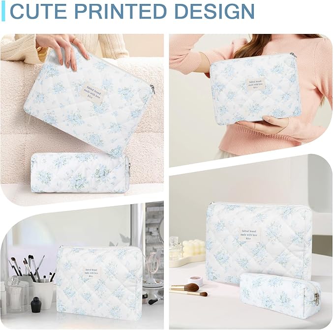Gosect 2PC Makeup Bag Set, Cute Cosmetic Bag for Women Girls, Floral Coquette Aesthetic Toiletry Bag, Travel Make Up Organizer Bag (Blue Rose)