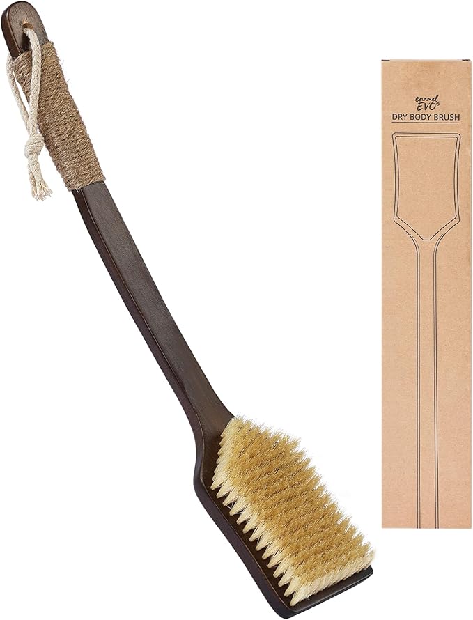ENAMELEVO Back Scrubber Shower Brush,Dry Brushing Body Brush with 17.7 Inch Curved Long Handle, Natural Bristles for Lymphatic Drainage, Soft & Stiff Bristles Available (Soft-Fine Boar Bristles)