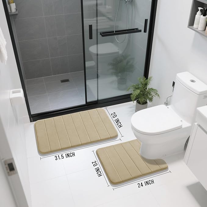 Yimobra Memory Foam Bath Mat Set 2 Piece - Super Soft Absorbent Quick Dry Bathroom Toilet Rugs, Machine Washable Non Slip Floor Carpet for Tub Shower & Single Sink (31.5x20 & 24x20, Pale Khaki)