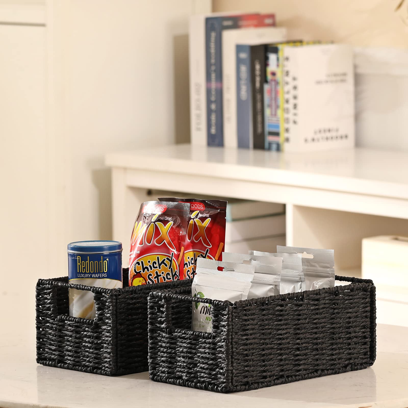 Vagusicc Wicker Storage Basket, Set of 2 Hand-Woven Paper Rope Wicker Basket, Small Storage Baskets for Organizing Toilet Paper Basket, Foldable Large Cube Storage Organizer Bins for Shelves (Black)