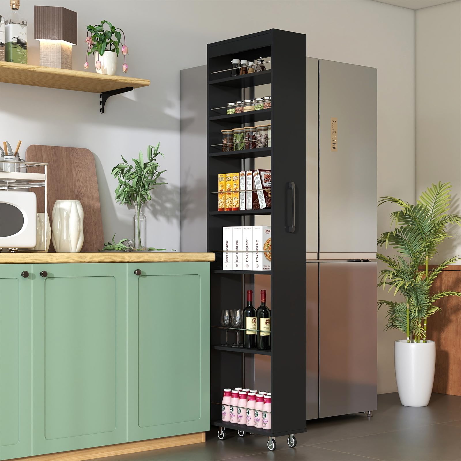 JOYSOURCE Slim Pull-Out Kitchen Cart with 7 Tiers, Narrow Rolling Storage Cabinet for Next to Fridge, Tall 7-Tier Organizer Rack with Black Handles & Wheels Black