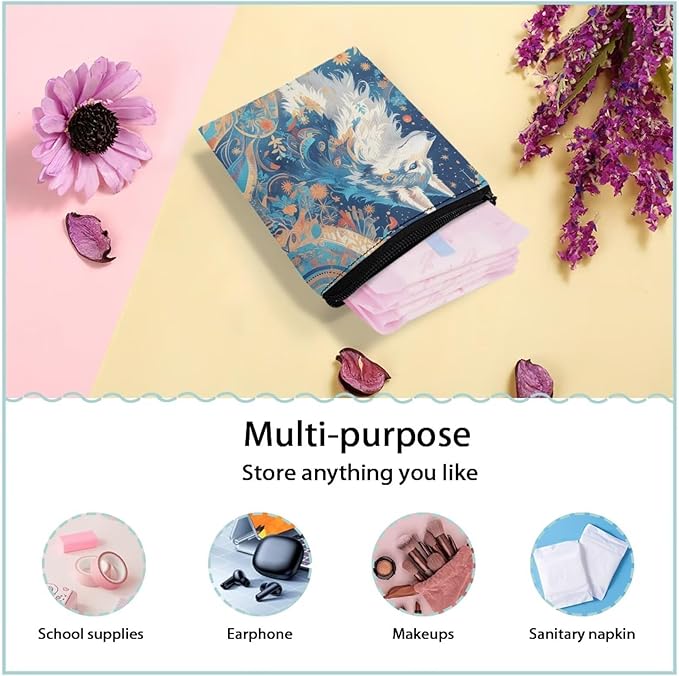 Artsy Wolf Print Period Bags Convenient Sanitary Napkin Storage Bag for Women Portable Tampon Holder for Purse Gym Daily Carry