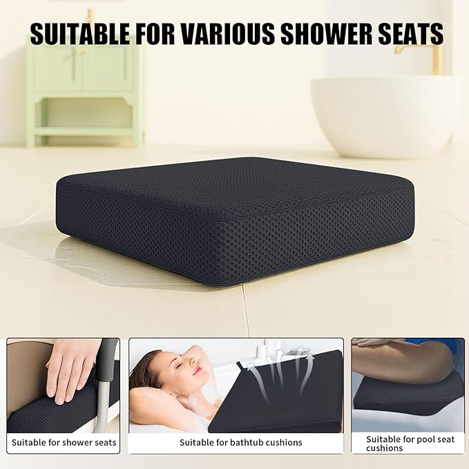 Gwremzlox Shower Seat Cushion,Thickened Shower Chair Cushion 4D Air Fiber Material,Machine Washable and Fast Drying Suitable for Shower Seats Bathtub Baths, Poolside & Rest Dressing Room Seats，Black