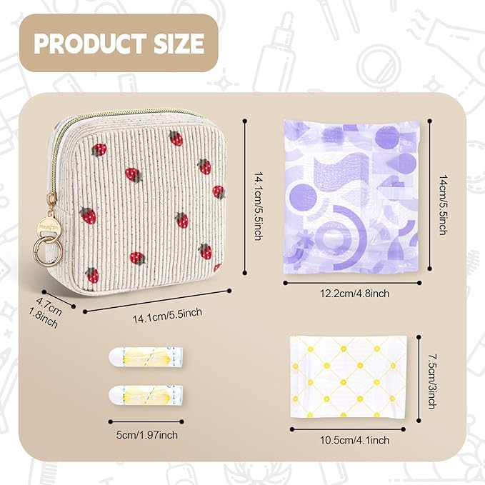 Cute Period Bag for Teen Girls, Corduroy Sanitary Napkin Storage Bag, Menstrual Pad Pouch Tampon Holder for Purse (Pink-Strawberry)