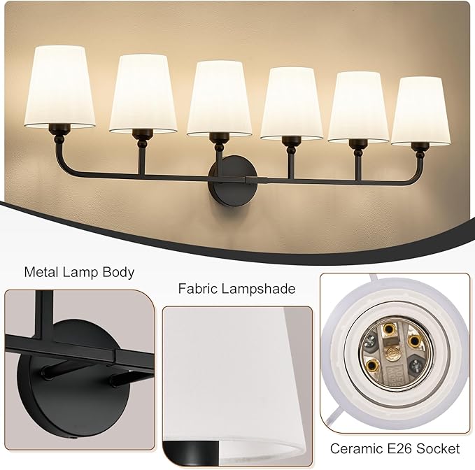 Bathroom Vanity Light, Matte Black Bathroom Light Fixtures, 6-Light Lighting Fixtures Over Mirror, Modern Wall Sconce with Flared White Fabric Shade, E26 Socket(ETL Listed)
