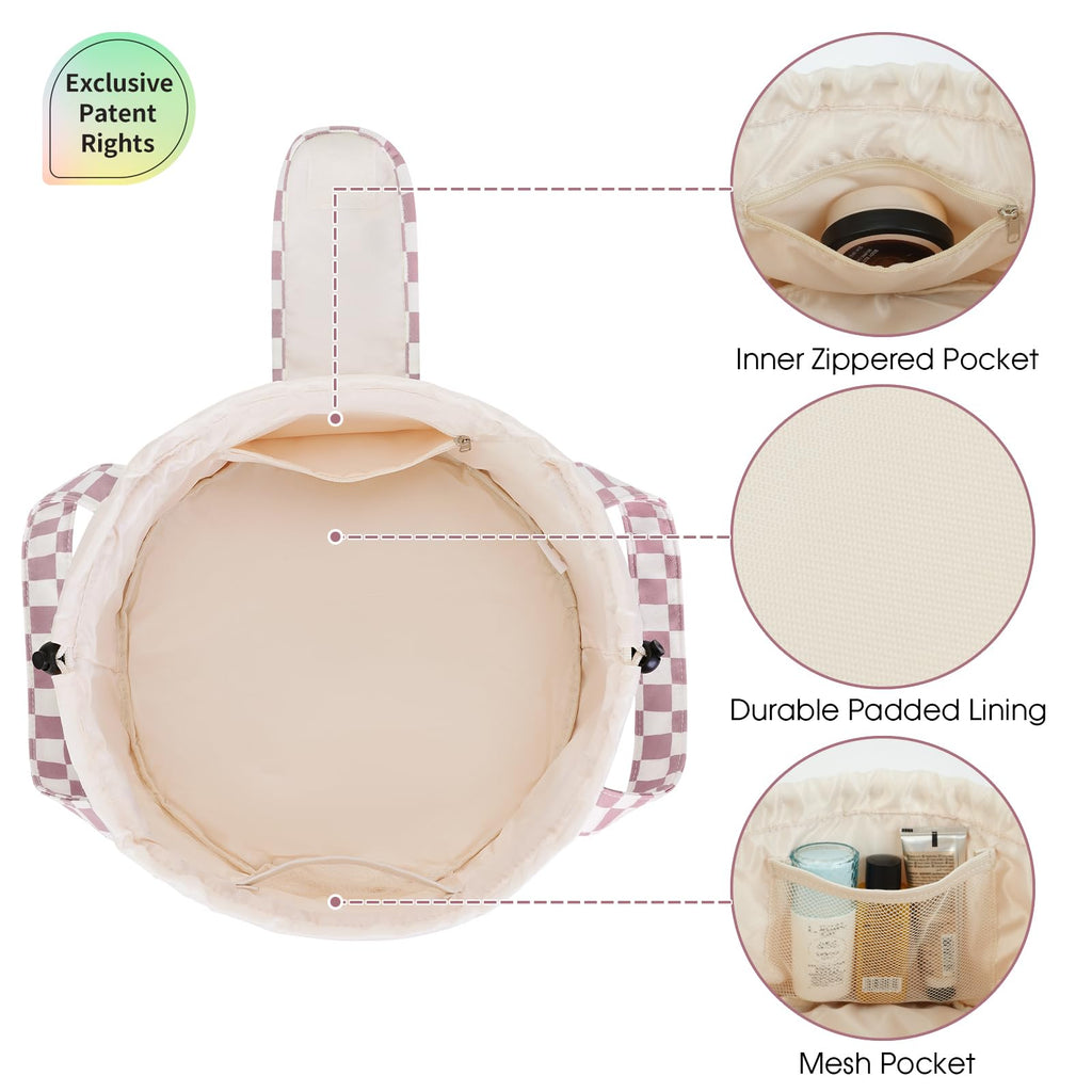 Narwey Barrel Drawstring Checkered Makeup Bag Large Cosmetic Bag Make up Bags Toiletry Bag Travel Bags for Toiletries Organizer for Women Gift for Teen Girls (Dusty Pink Checkerboard) (Patent)