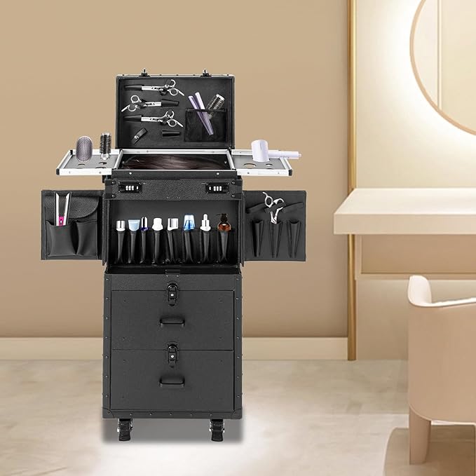 LXYIUTRW Bepritm Rolling Makeup Case, Large Retro Train Case Hairdressing Trolley with Universal Casters & Combination Lock, Travel Hair Tool Organizer for Barber, Beauty Stores, Nail Salons (Black)