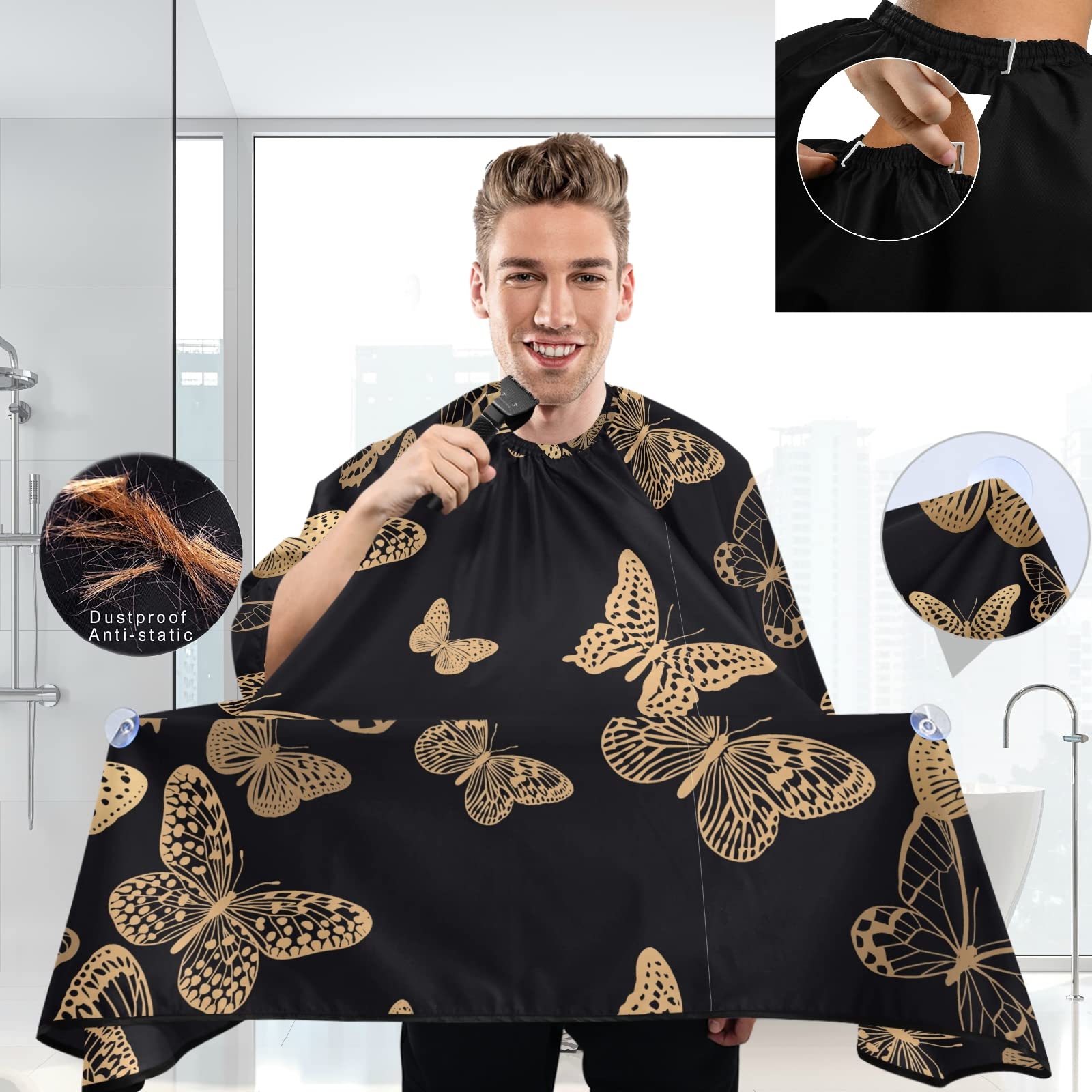 visesunny Barber Cape Black Gold Butterfly Polyester Hair Cutting Salon Cape Apron Anti-Static Haircut Water-Resistant Shaving Cloth Beard Shaving Bib Hairdressing Cape
