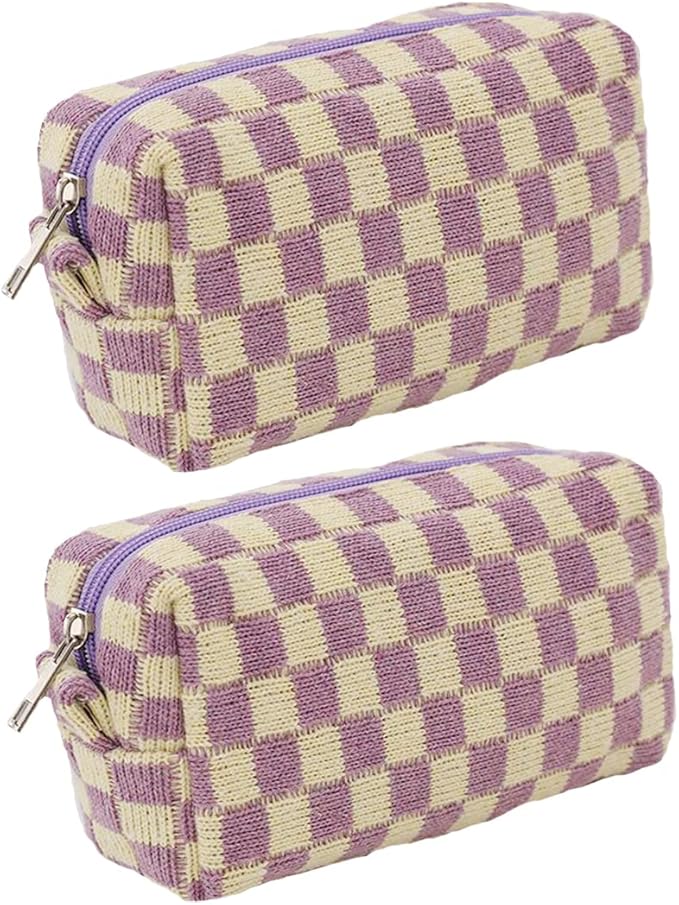 SxoSyo 2 Pcs Checkered Makeup Bags, Make up Brushes Pouches, Purple