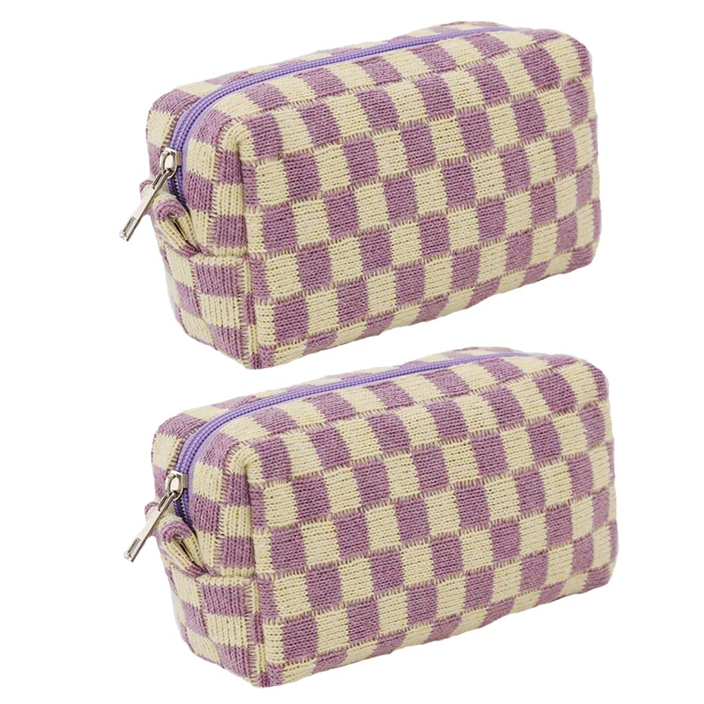 SxoSyo 2 Pcs Checkered Makeup Bags, Make up Brushes Pouches, Purple