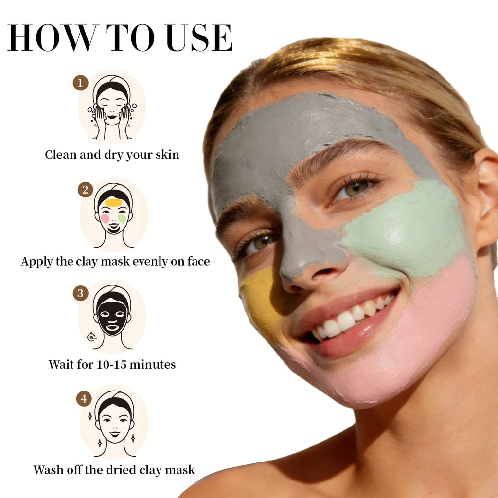 Pjordo 4 Pcs Clay Mask for Face(360g in Total), Turmeric Vitamin C, Dead Sea Mud, Green Tea Avocado, Rose, Face Masks Skincare for Pore Cleansing, Facial Masks for Women Skin Care, 3.17 Oz Each