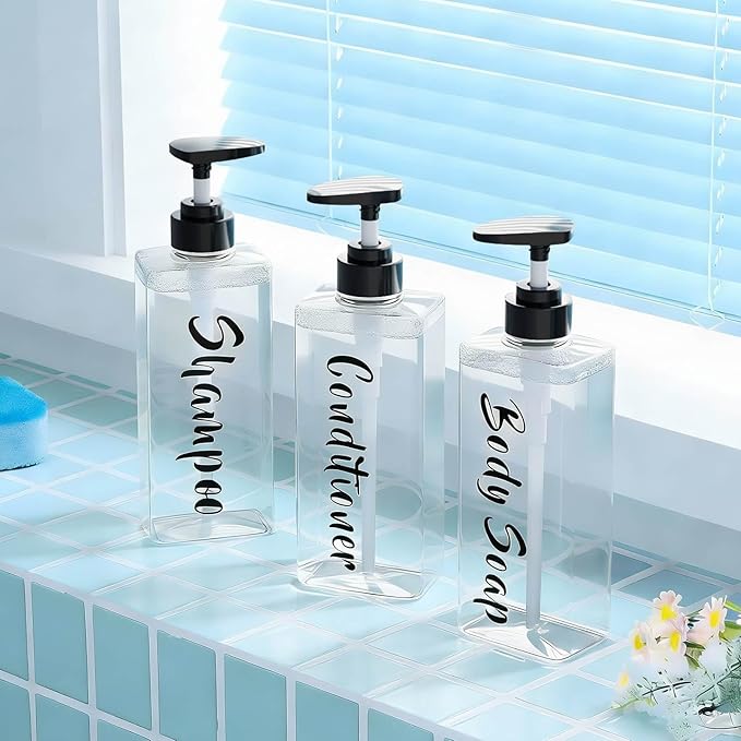 AUMIO 16.9oz Clear Shampoo and Conditioner Dispenser Set of 3, Refillable Empty Shampoo Bottles with Pump for Shower, Printed Plastic Soap Dispenser for Bathroom, Rectangular Body Wash Container Sets