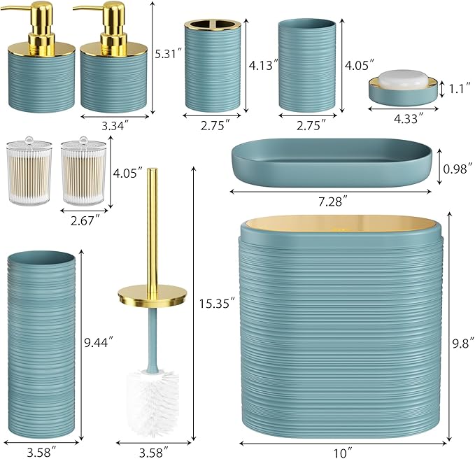 InnJoey Bathroom Set, 10PC Bathroom Accessory Set, Light Blue Bathroom Accessories, Blue and Gold Bathroom Set with Trash Can, Soap Dispensers