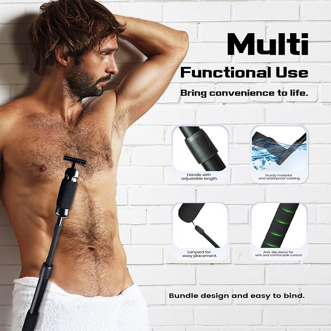 ETbyto Safety Razor Extension Handle with Adjustable Length for Leg Razor,Back Shaver for Men,Multi-Function Extension Shaver Handle can be Fitted Lotion Applicator,Hair Brush for Wet or Dry - Black