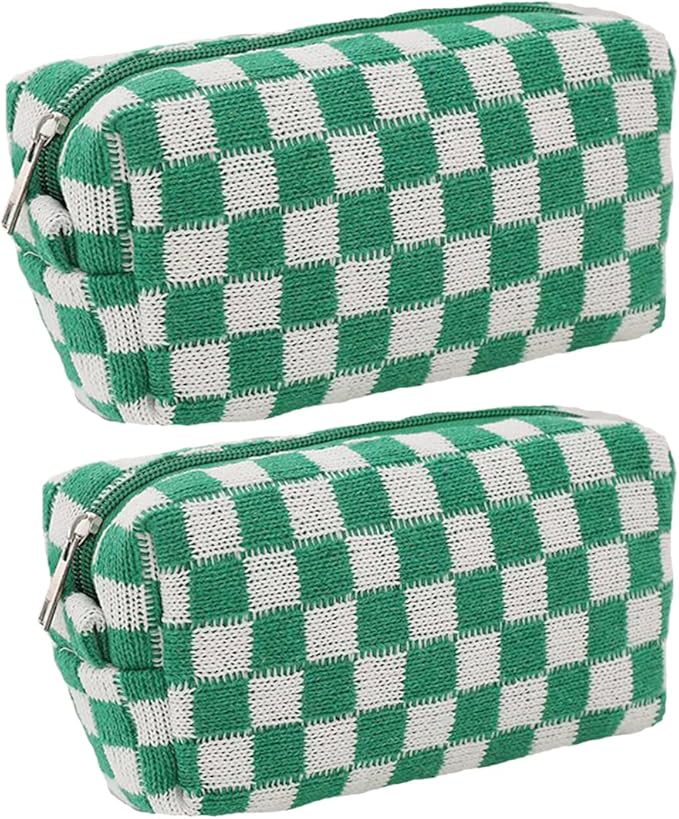 SxoSyo 2 Pcs Checkered Cosmetic Bags, Small Makeup Bag Purse, Green