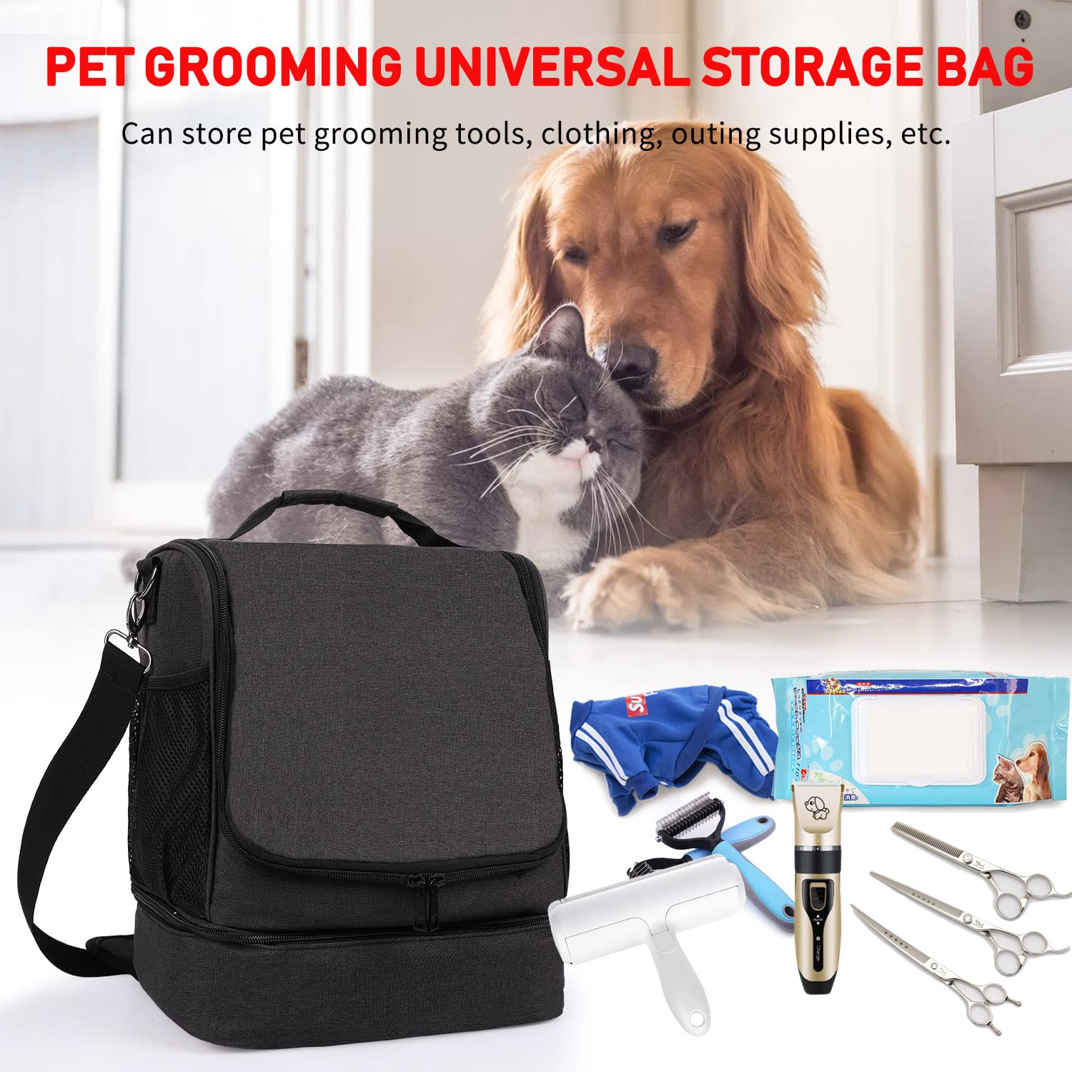 Dog&Cat Grooming Supplies Bag,Adjustable Compartments Grooming Bag for Pet