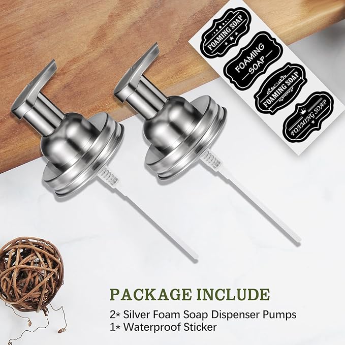 Amolliar Mason Jar Foaming Soap Dispenser Lids, Plastic Foam Pump Lids for Regular Mouth, Foaming Replacement Pump Set, Farmhouse Kitchen BathroomShower, Includes Waterproof Stickers - 2 Pack, Silver