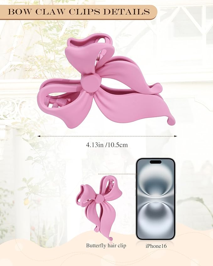 4 PCS Bow Hair Clips Bow Claw Clip for Women, Large Hair Claw Clips for Thin Thick Long Hair Cute Nonslip Bows (Blue+Pink+Green+Blue+Black)