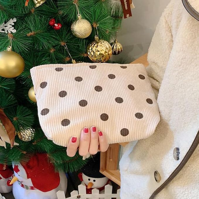 SxoSyo Corduroy Makeup Bags, Polka Dot Cosmetic Bag for Purse, White