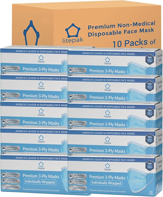 Litepak 500pcs Premium Disposable Face Mask SOFT 3ply - Individually Wrapped