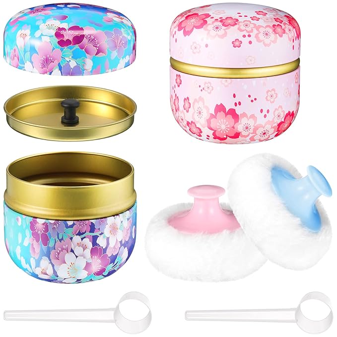 Chengu 2 Sets Body Powder Puff and Container, 2 Soft Puffs 2 Spoon and 2 Dusting Loose Powder Container for Baby Women Home and Travel Use