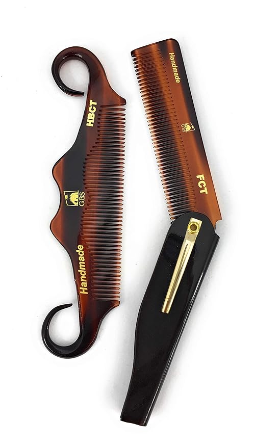 GENTS Handmade Portable Mustache Beard Comb Set - 2 Pocket Sized Foldable Fine Tooth Grooming Combs