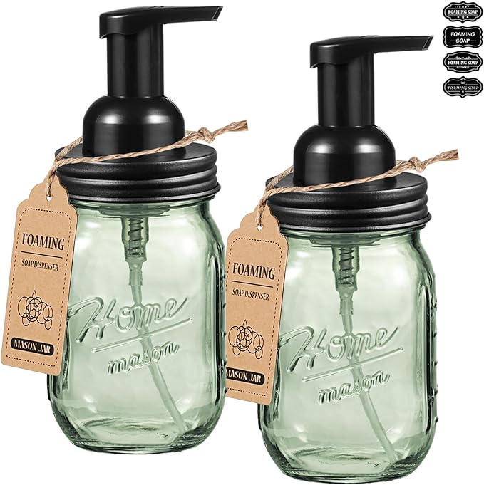 SheeChung 16 Oz Mason Jar Foaming Soap Dispenser, Stainless Steel Lid, BPA Free Pump, Green Glass Foam Hand Soap Dispenser, Refillable Liquid Foam Dispenser Bottle for Bathroom Kitchen-Black, 2 Pack